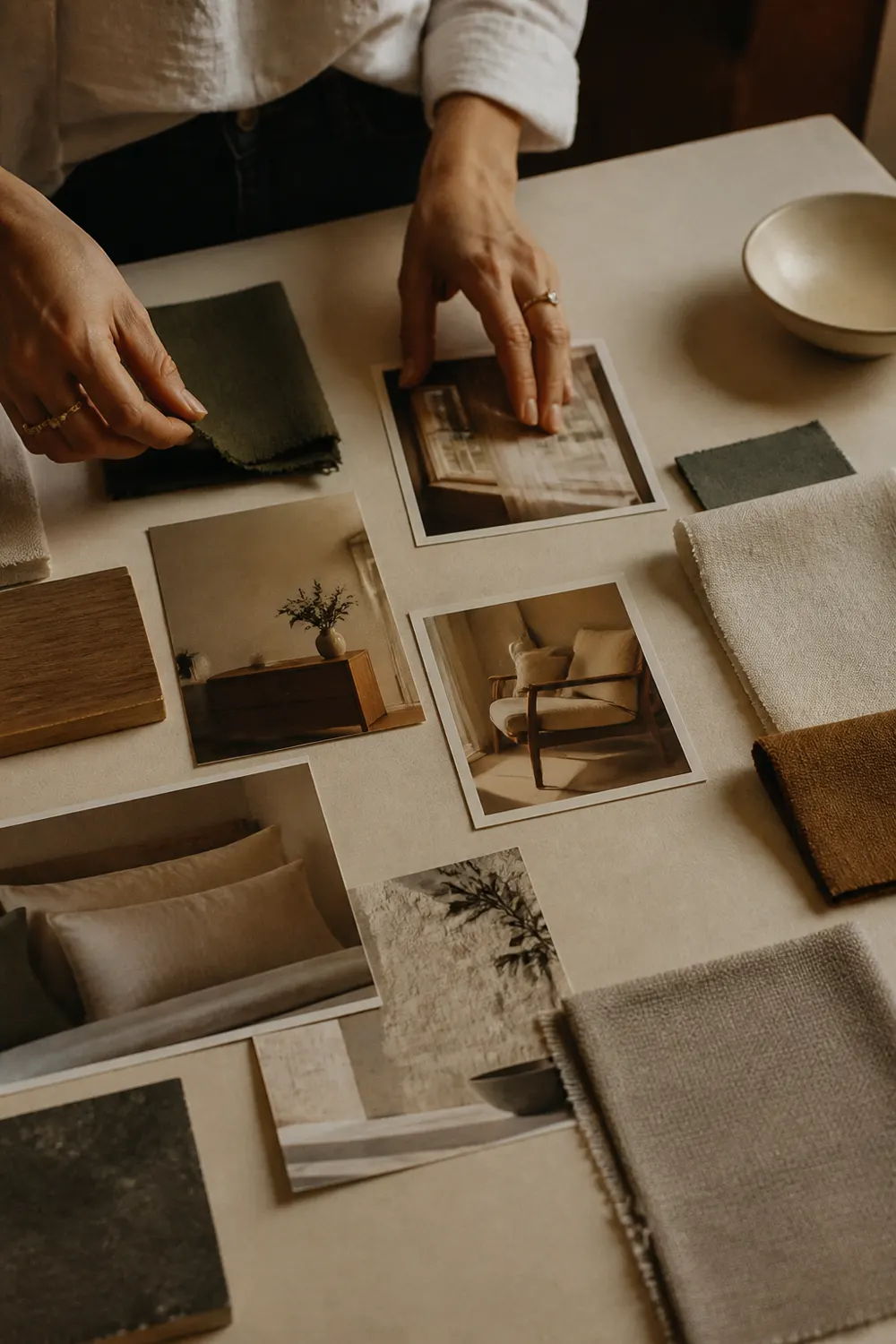 Hands arranging photographs and fabric into a vision board