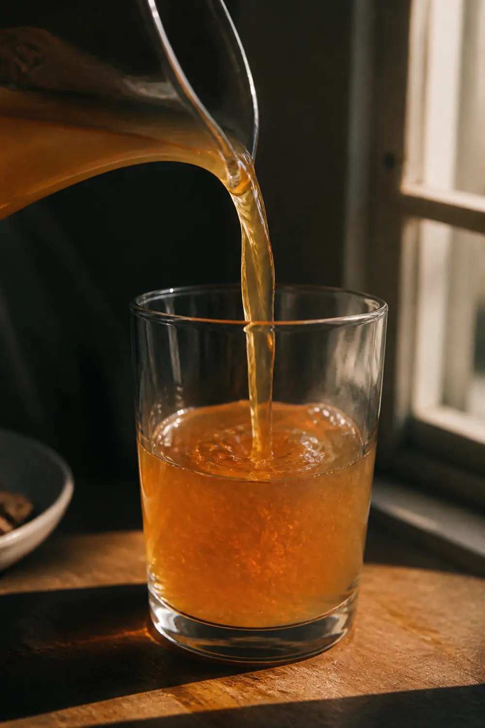 Amber liquid poured in warm window light, from the studio archive