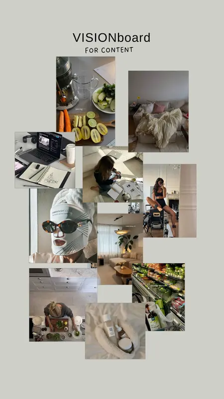 A content vision board of curated lifestyle photographs arranged as a moodboard
